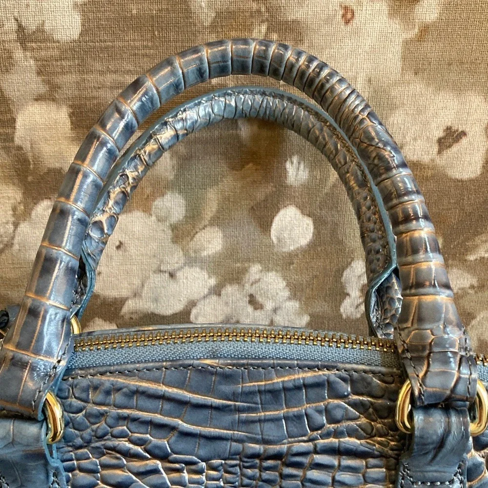 Brahmin Womens Large Duxbury Satchel Purse Blue Gold Metallic Croc Embossed‎